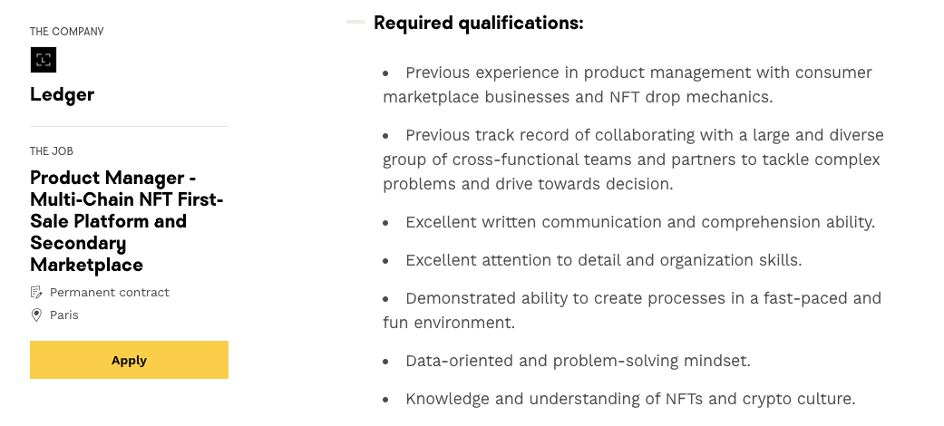 Product manager job offer in NFTs 